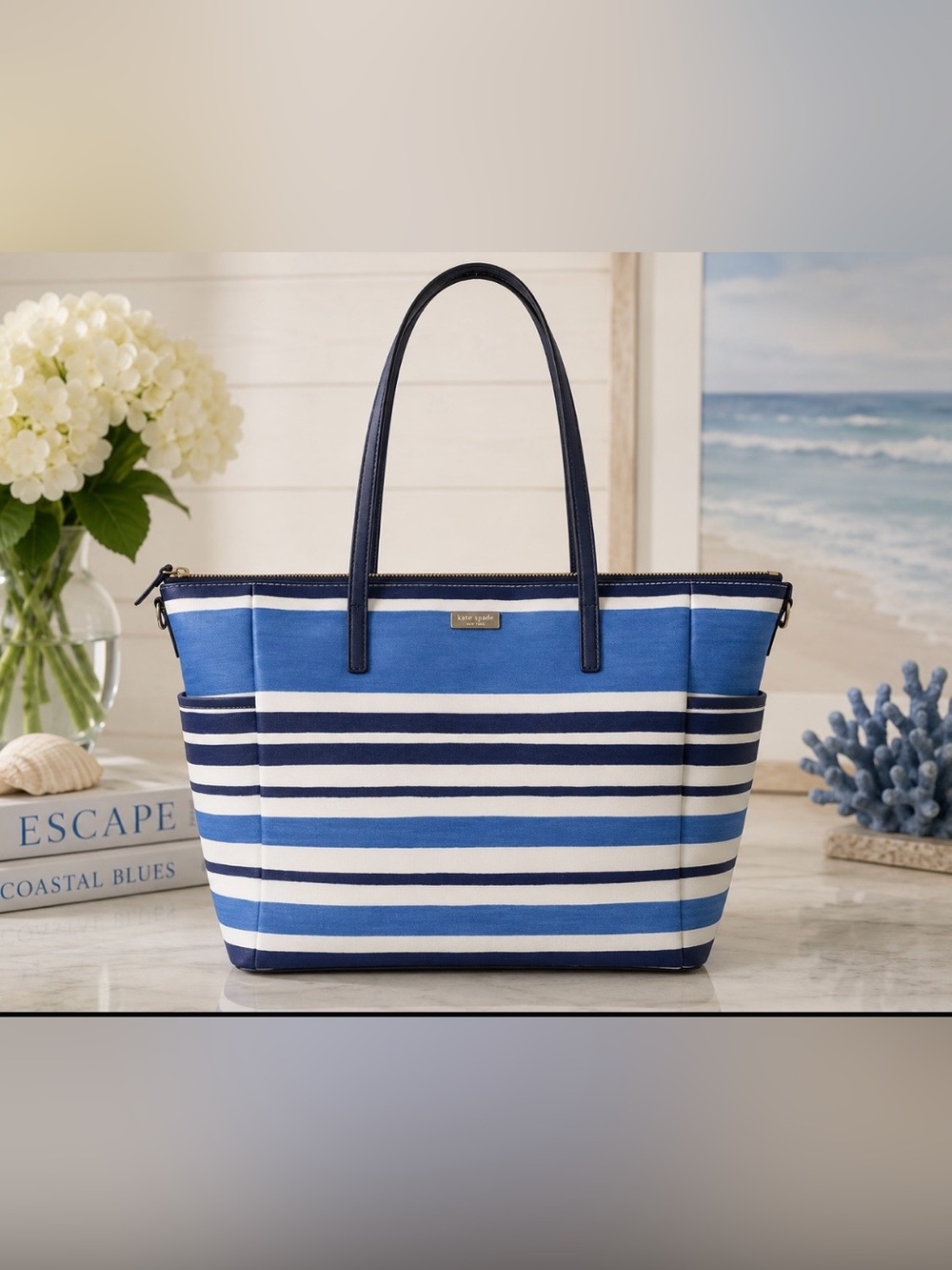 Kate Spade Adaira Striped Tote Bag Diaper Bag – Blue & White Nautical Carryall